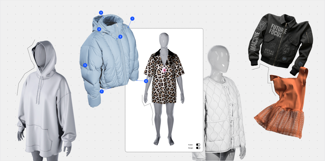 3D designs - a hoodie, puffer jacker, dress & shirt