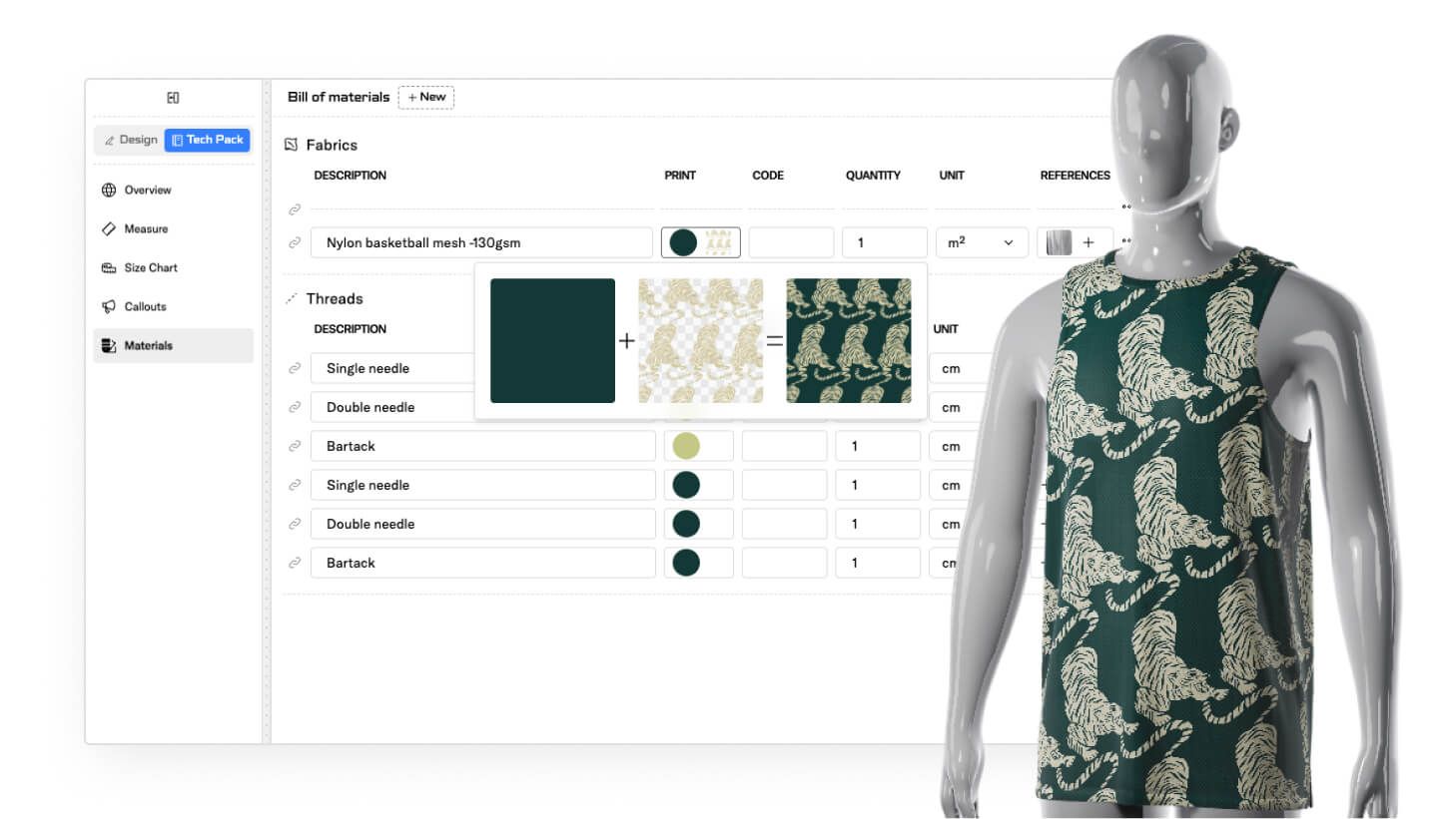Dimension & placement specs in tech pack